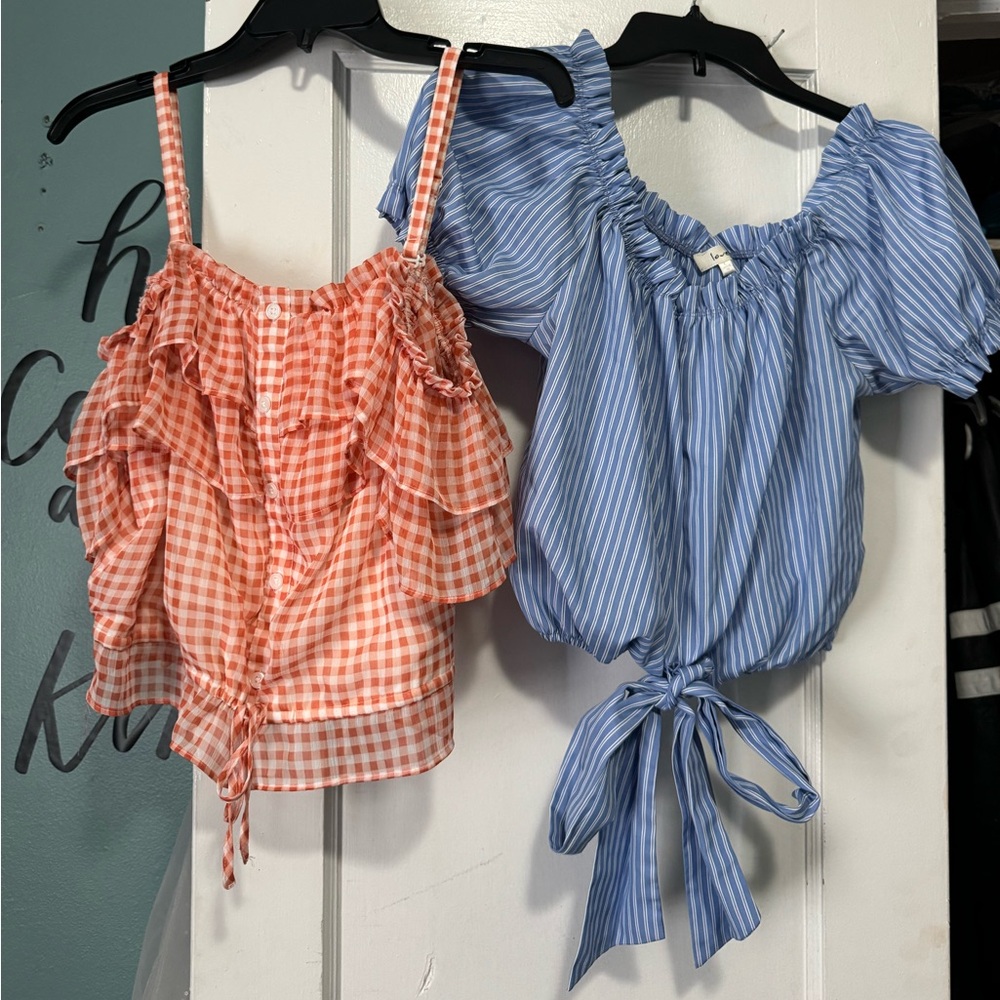 Lot of 2 Crop Tops Blue Pink Tie Front M L Medium Large Spring Summer